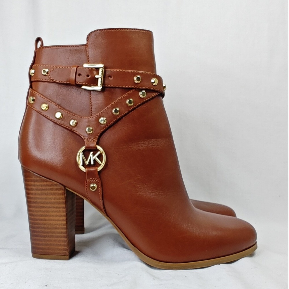 Michael Kors Kincaid Ankle Boots Brown Leather Studded Block Heel Logo 9M - Picture 3 of 9